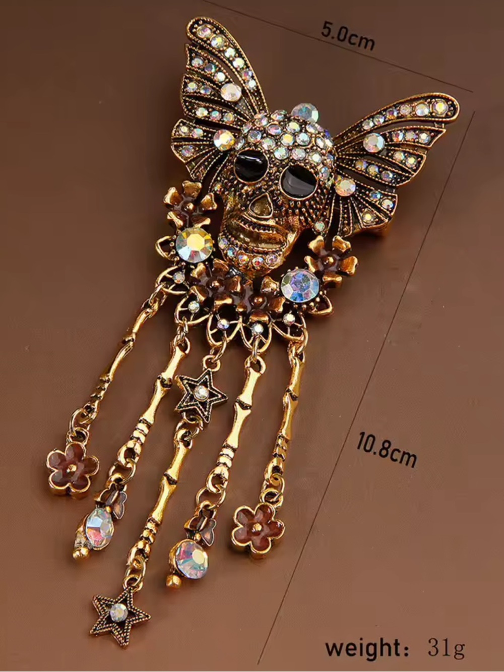 Halloween Gothic Gold Butterfly Tassel Brooch - Picture 7 of 11